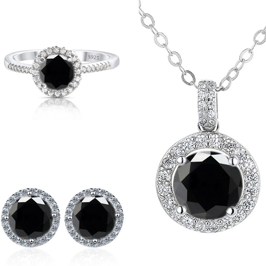 Round Halo Moissanite Necklace, Stud Earrings & Ring Set - Black halo set