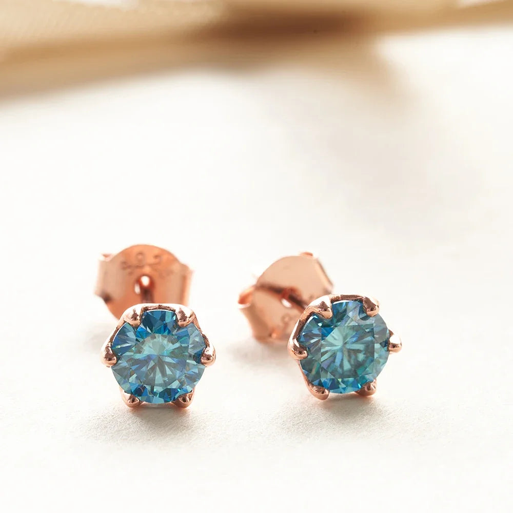 Colored Moissanite Stud Earrings in Rose Gold-Tone Silver - sea blue stones