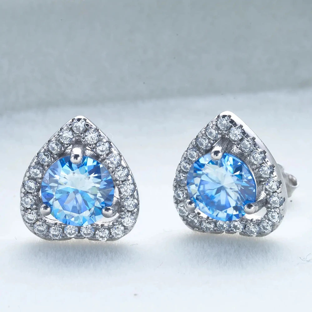 Moissanite Heart Halo Stud Earrings in Sterling Silver — Blue heart halo studs — BandsCo Straps