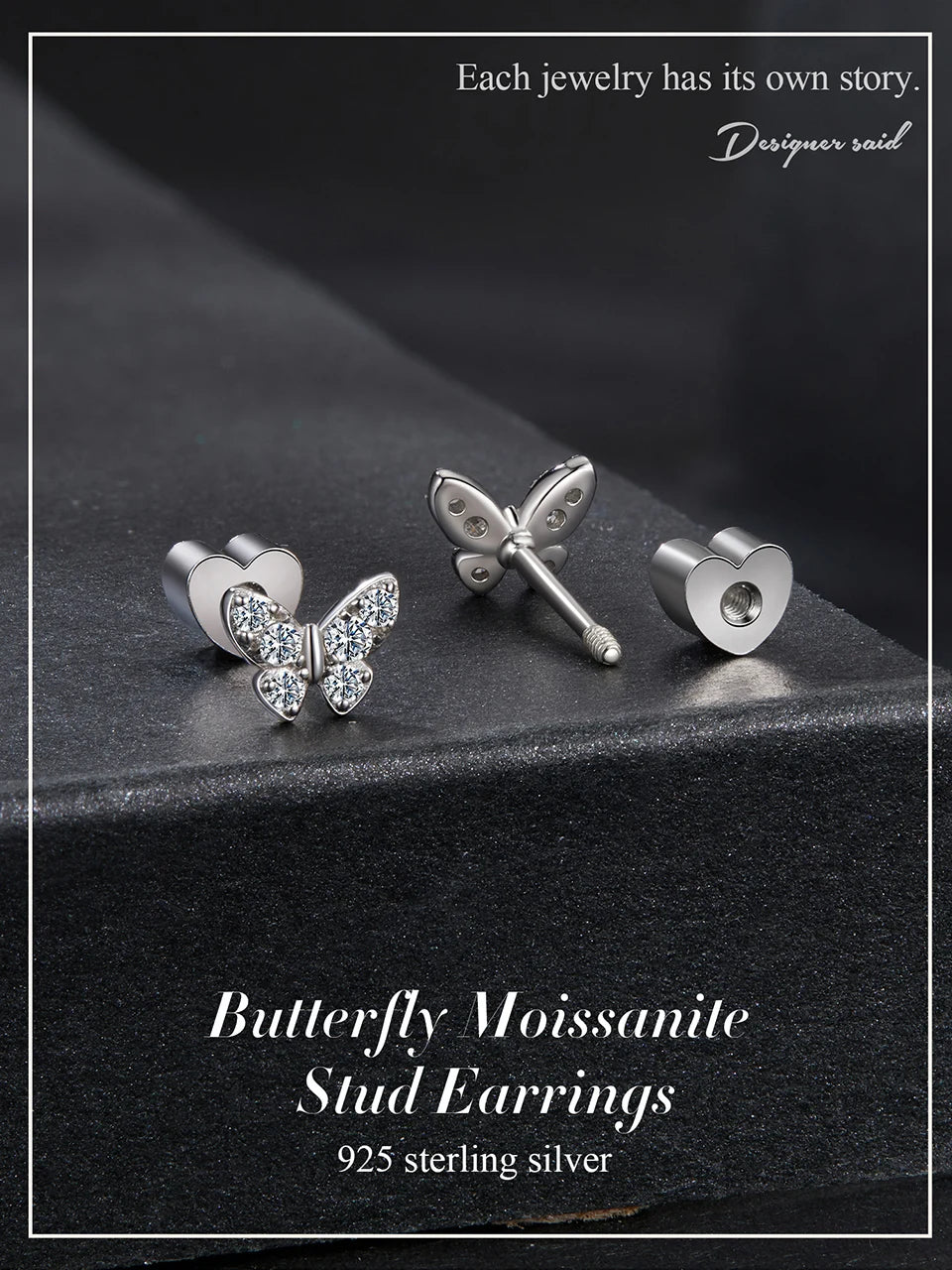 Butterfly & Clover Moissanite Stud Earrings in Sterling Silver — Butterfly detail