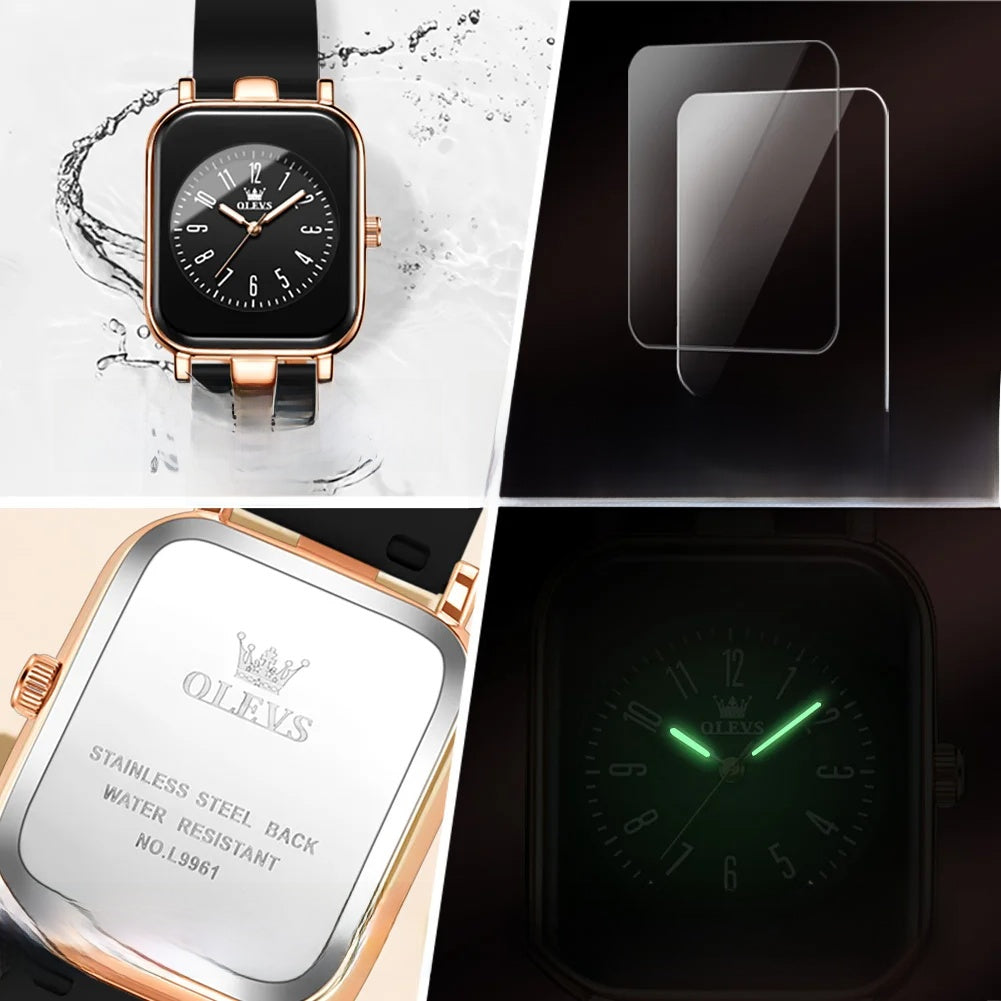 Women's Rectangular Silicone Quartz Watch — Case back and luminous hands — BandsCo Straps