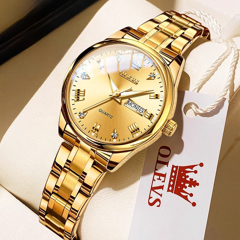 Women's 29mm Day-Date Stainless Steel Quartz Watch — Gold Tone / Gold Dial