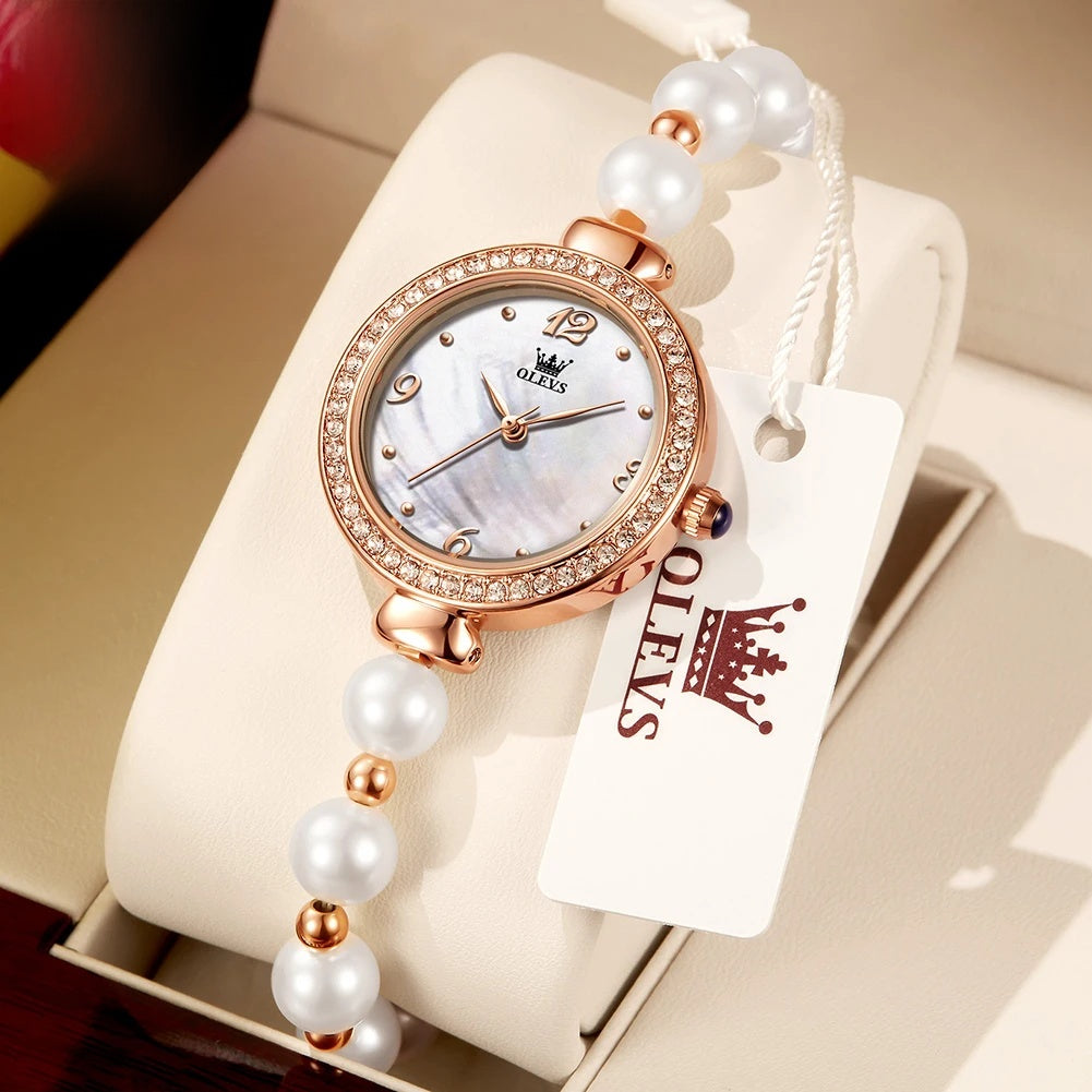 Women's Faux Pearl Bracelet Quartz Watch — White — BandsCo Straps