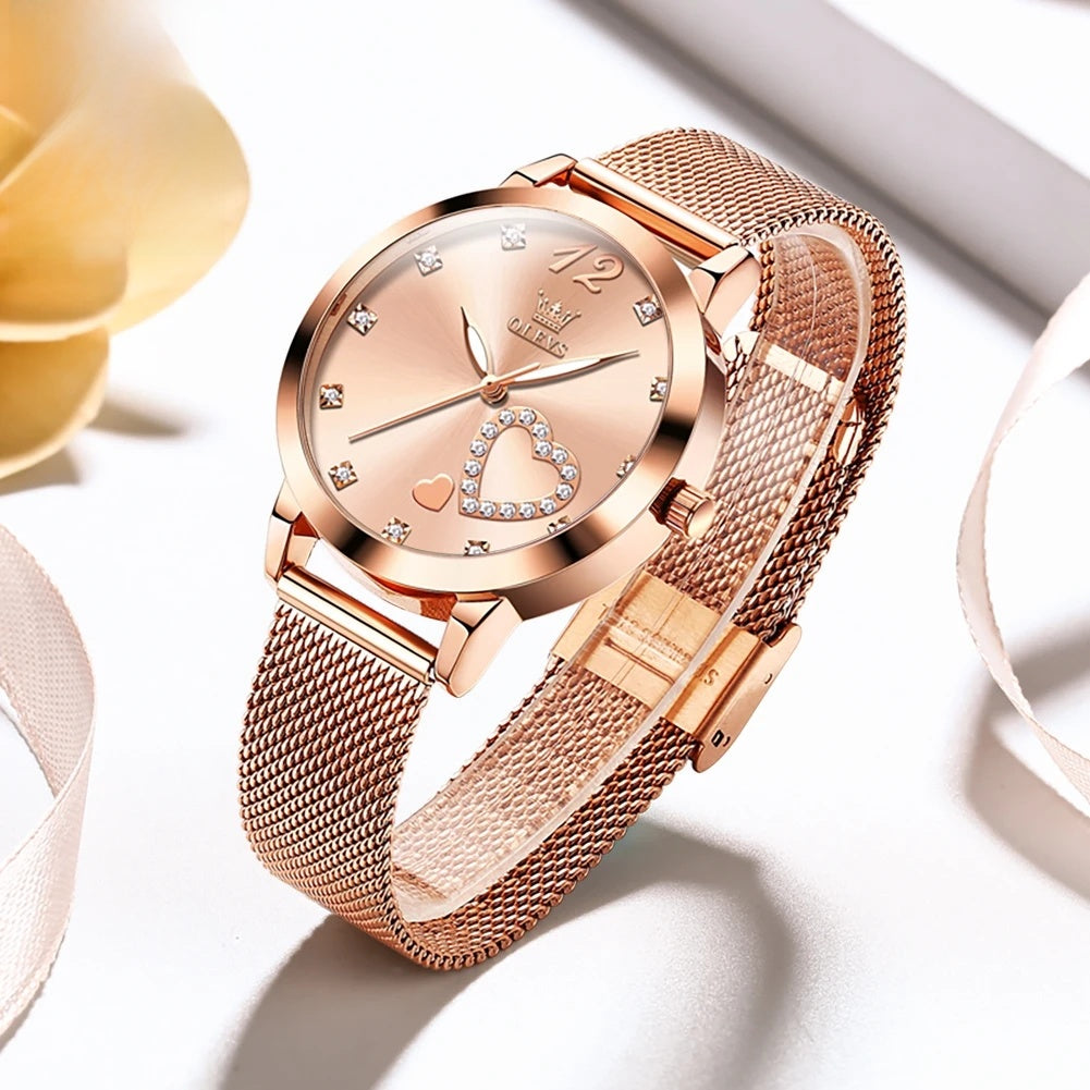 Women's Crystal Heart Mesh Quartz Watch — Rose Gold Tone — BandsCo Straps