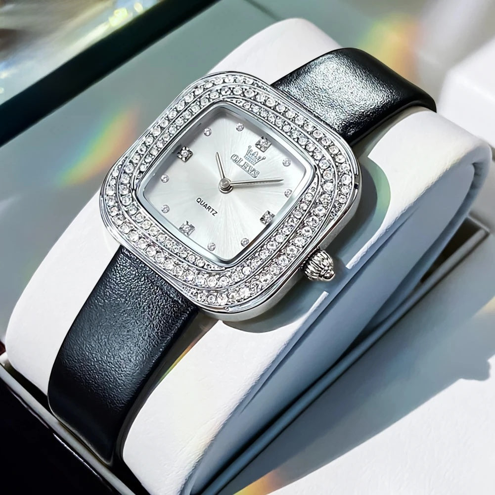 Women's Square Crystal Bezel Leather Watch — Black / Silver Tone — BandsCo Straps