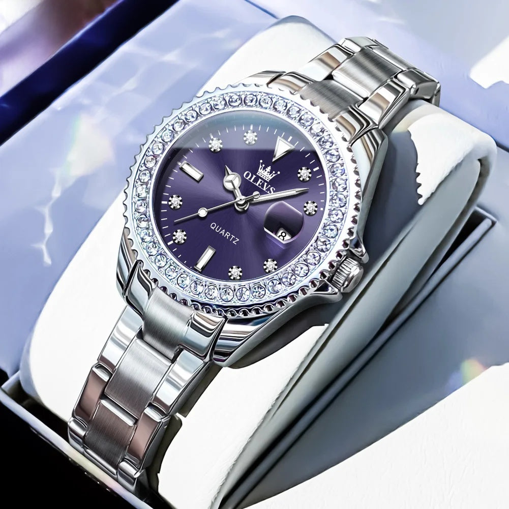 Women's Sunray Dial Crystal-Bezel Quartz Watch — Purple