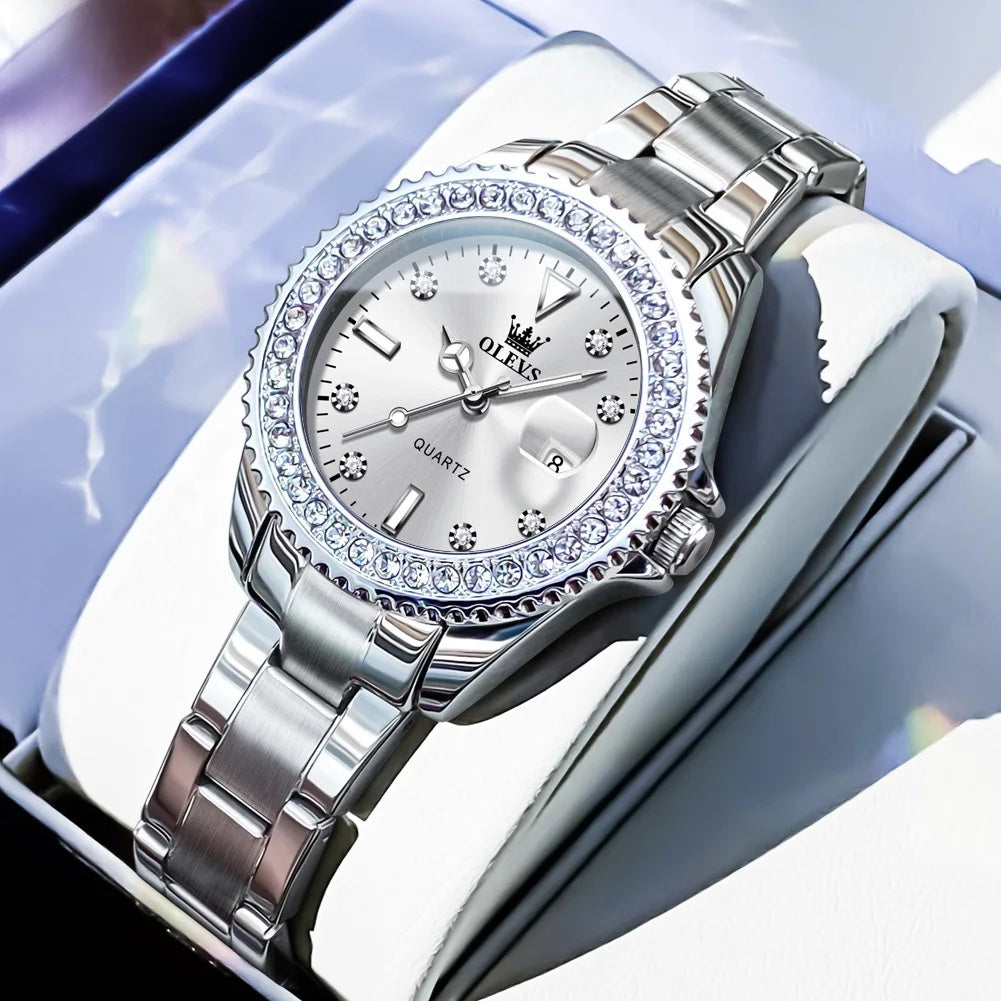 Women's Crystal Bezel Quartz Date Watch — Silver Bracelet / White Dial — BandsCo Straps