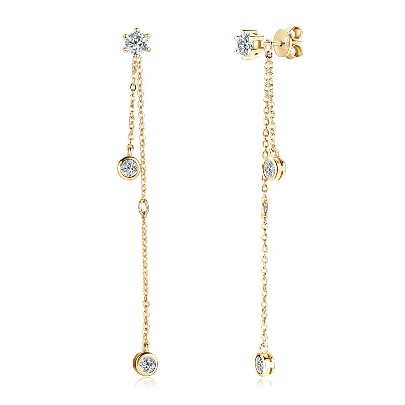 Moissanite Chain Tassel Earrings in Sterling Silver — Gold-tone prong double drops