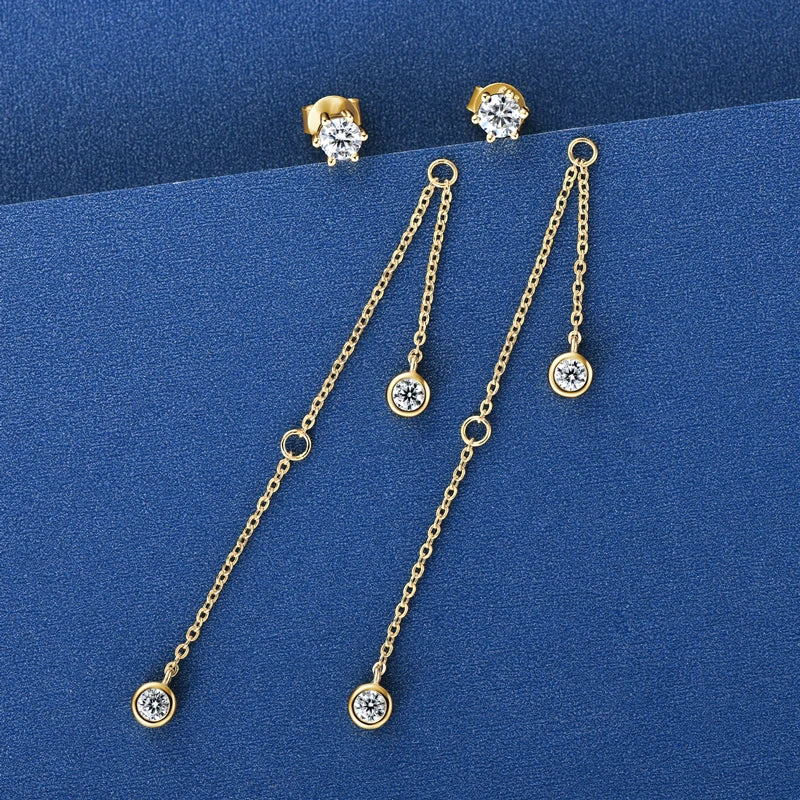 Moissanite Chain Tassel Earrings in Sterling Silver — Gold-tone prong style components