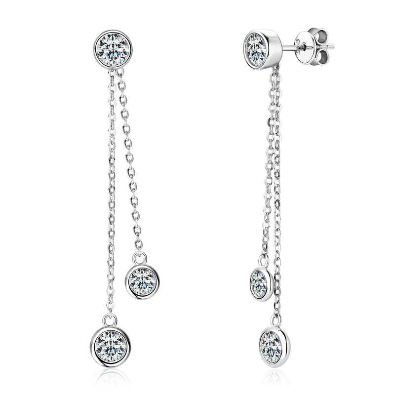 Moissanite Chain Tassel Earrings in Sterling Silver — Silver-tone bezel double drops