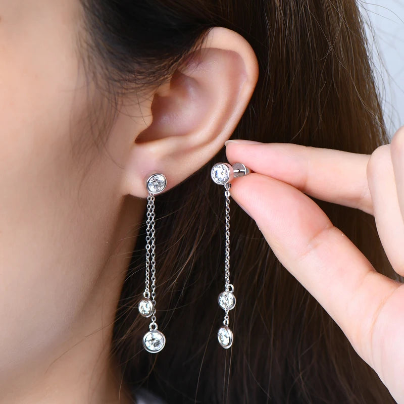 Moissanite Chain Tassel Earrings in Sterling Silver — Silver-tone double drops worn
