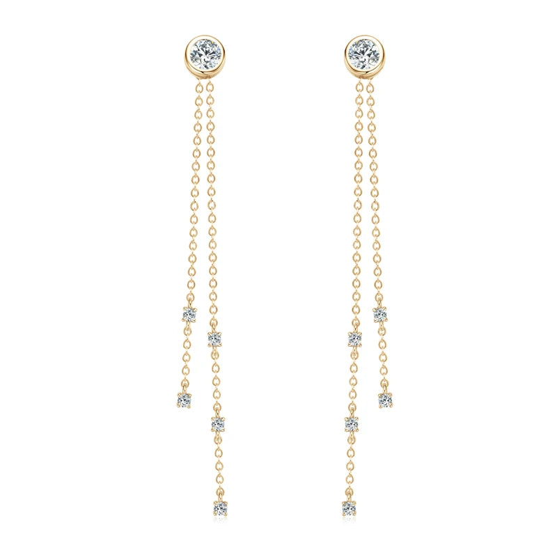 Moissanite Chain Tassel Earrings in Sterling Silver — Gold-tone fine tassels