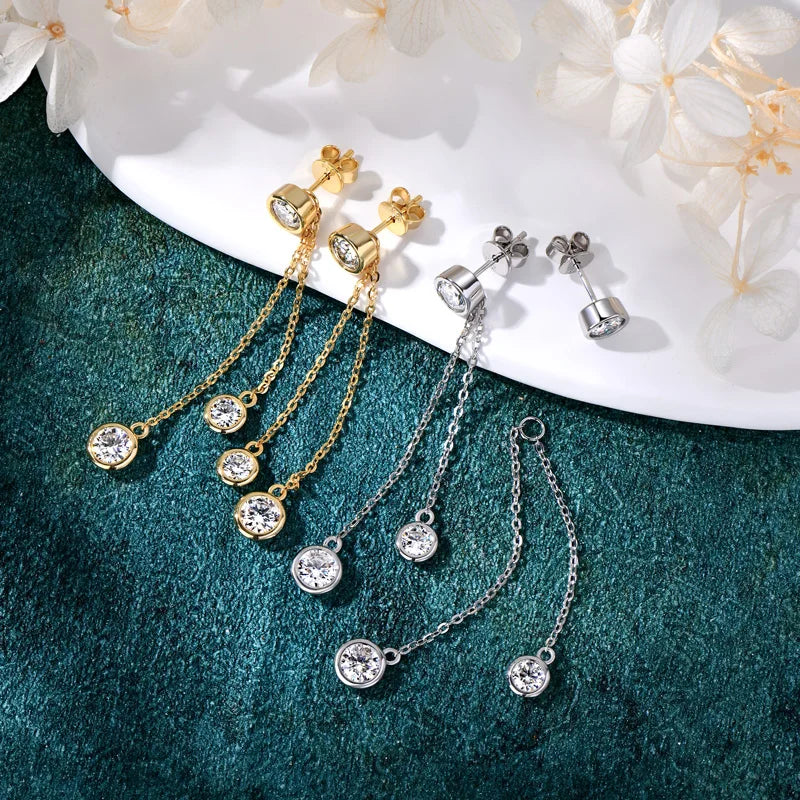 Moissanite Chain Tassel Earrings in Sterling Silver — Gold-tone and silver-tone bezel styles