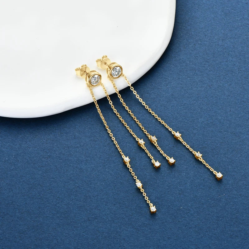 Moissanite Chain Tassel Earrings in Sterling Silver — Gold-tone fine tassels