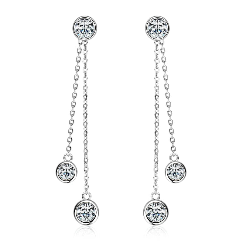 Moissanite Chain Tassel Earrings in Sterling Silver — Silver-tone bezel drops