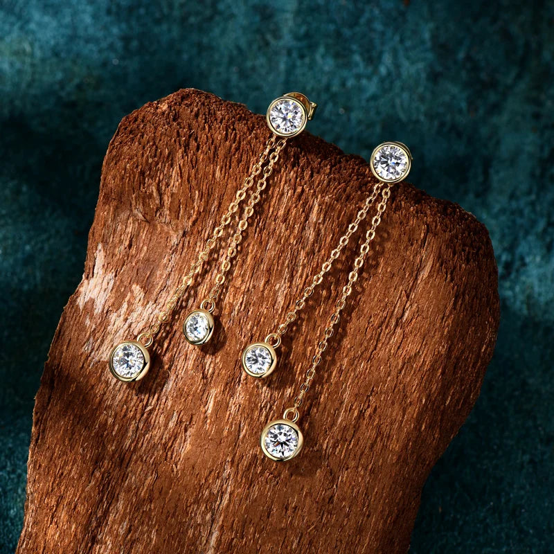 Moissanite Chain Tassel Earrings in Sterling Silver — Gold-tone bezel drops
