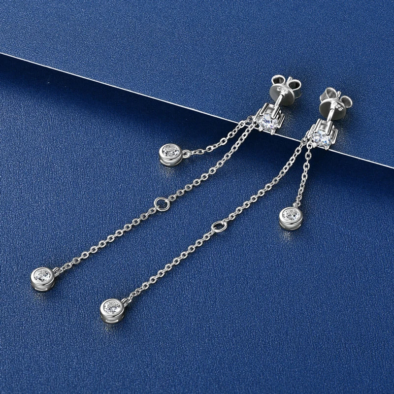 Moissanite Chain Tassel Earrings in Sterling Silver — Silver-tone post and chain detail