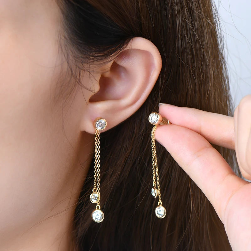Moissanite Chain Tassel Earrings in Sterling Silver — Double drops worn on ear