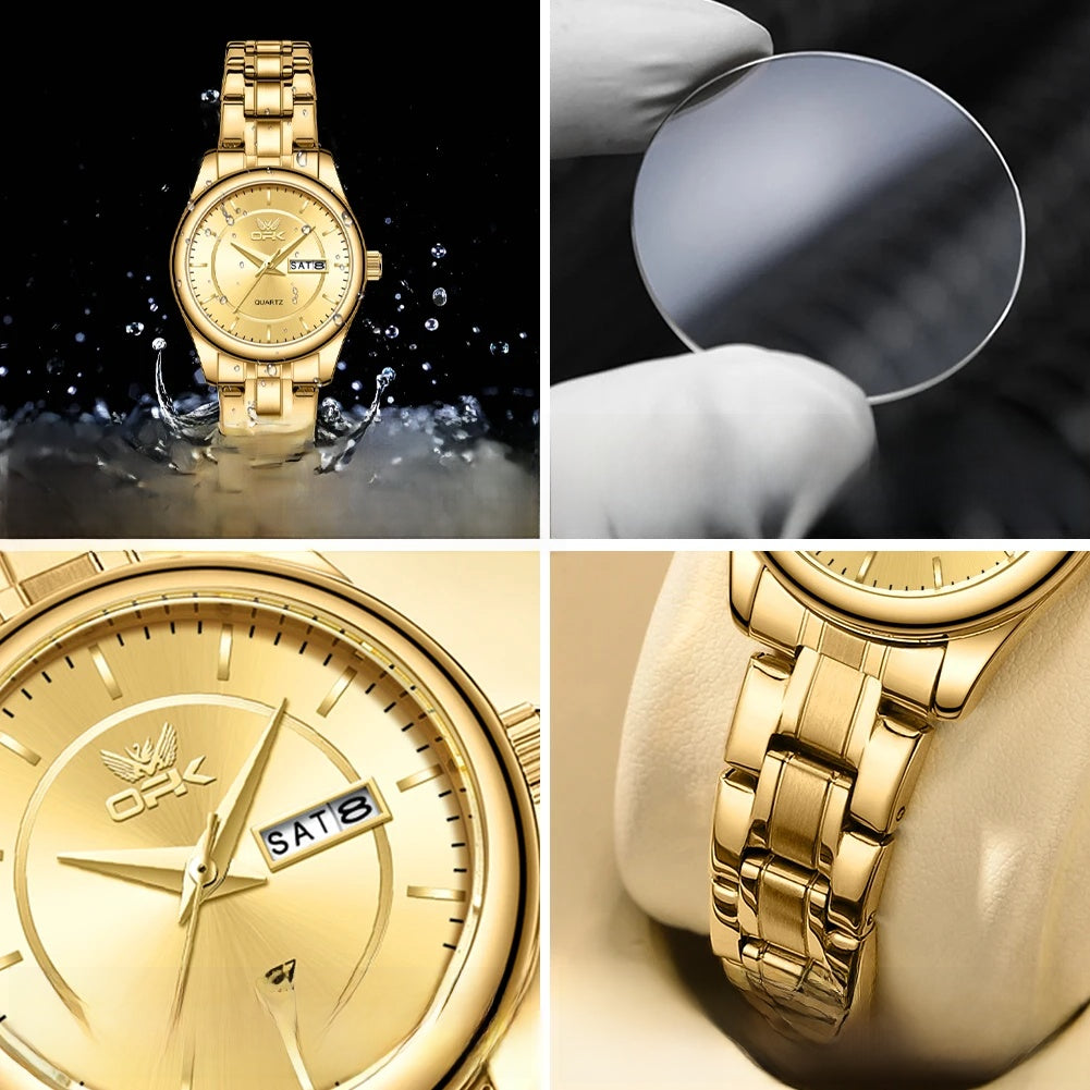 Women's Stainless Steel Day-Date Quartz Watch — Gold-tone watch dial and bracelet details — BandsCo Straps