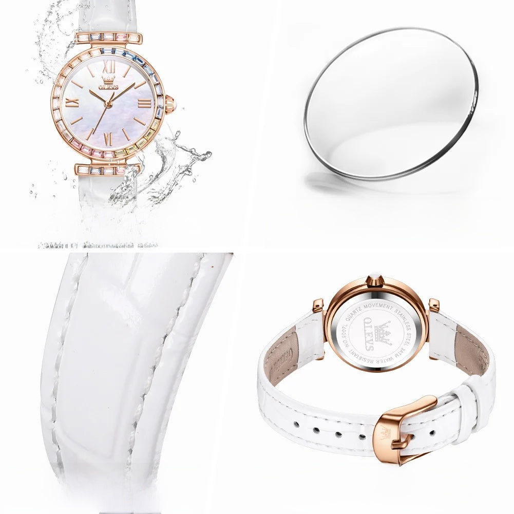 Women's Crystal Accent Leather Quartz Watch — Case back and leather buckle — BandsCo Straps