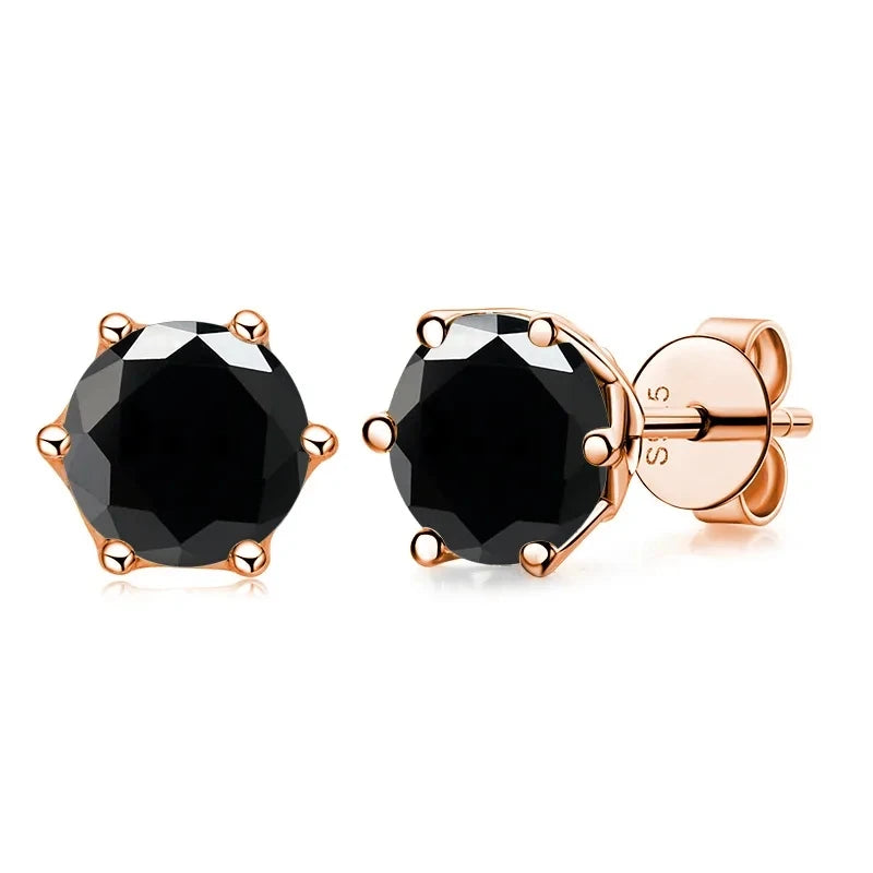Colored Moissanite Stud Earrings in Rose Gold-Tone Silver - black stones