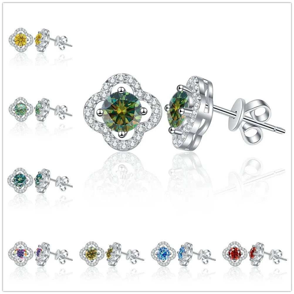 Colored Clover Halo Moissanite Stud Earrings in Sterling Silver — Clover studs with color previews