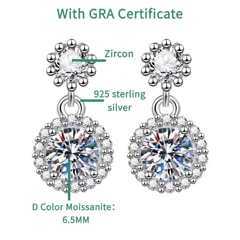 Moissanite Halo Drop Earrings in 925 Sterling Silver — Stone and setting diagram — BandsCo Straps