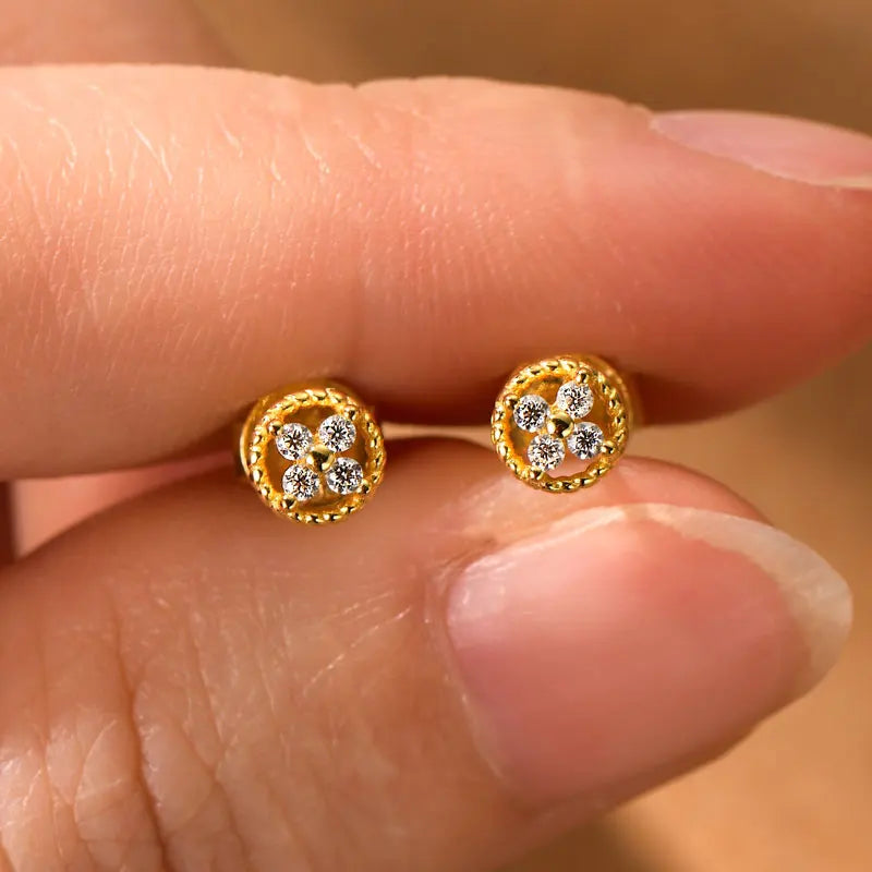 Round Rope-Edge Moissanite Cluster Stud Earrings — Gold-tone pair on hand