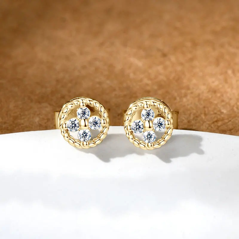 Round Rope-Edge Moissanite Cluster Stud Earrings — Gold-tone round cluster pair