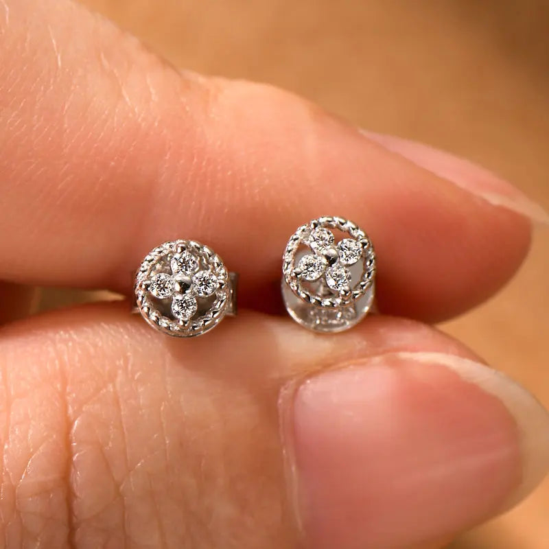 Round Rope-Edge Moissanite Cluster Stud Earrings — Silver pair on hand