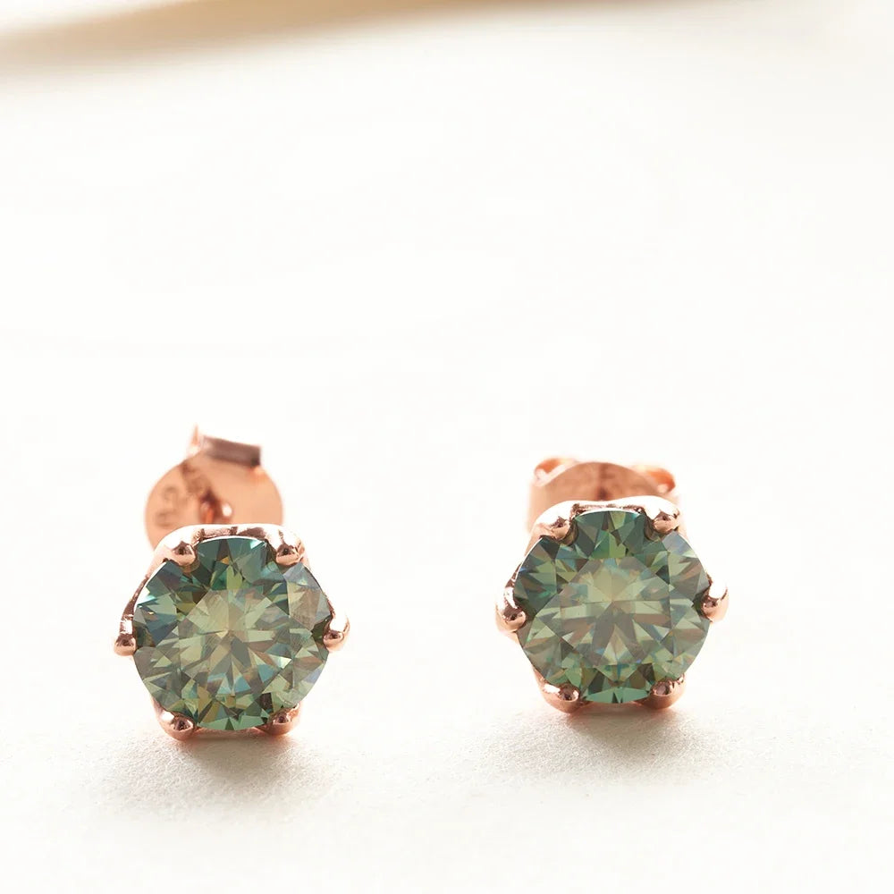 Colored Moissanite Stud Earrings in Rose Gold-Tone Silver - green stone close-up
