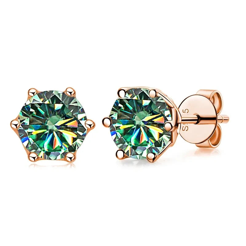 Colored Moissanite Stud Earrings in Rose Gold-Tone Silver - blue green stones