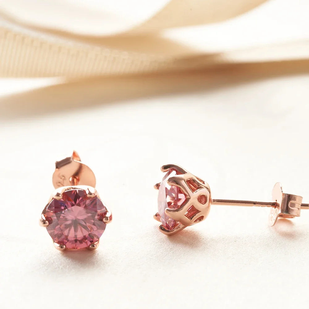 Colored Moissanite Stud Earrings in Rose Gold-Tone Silver - pink stone close-up