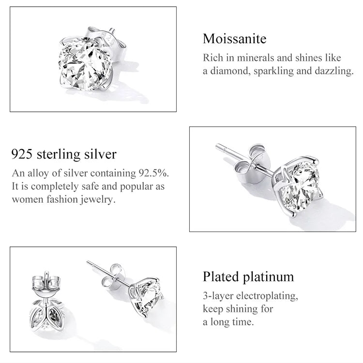 Four-Prong Moissanite Solitaire Stud Earrings in Silver - Sterling silver and plating illustration