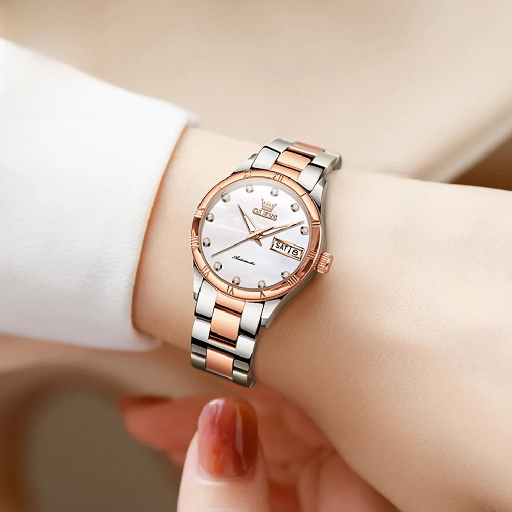 Women's Automatic Pearl-Effect Day-Date Watch — Automatic watch worn on wrist — BandsCo Straps
