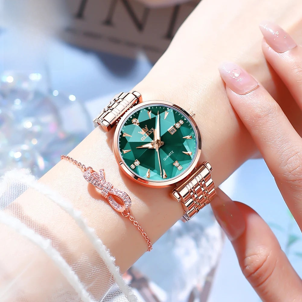 Women's Rose Gold-Tone Faceted Dial Quartz Watch — Green faceted dial watch worn on wrist