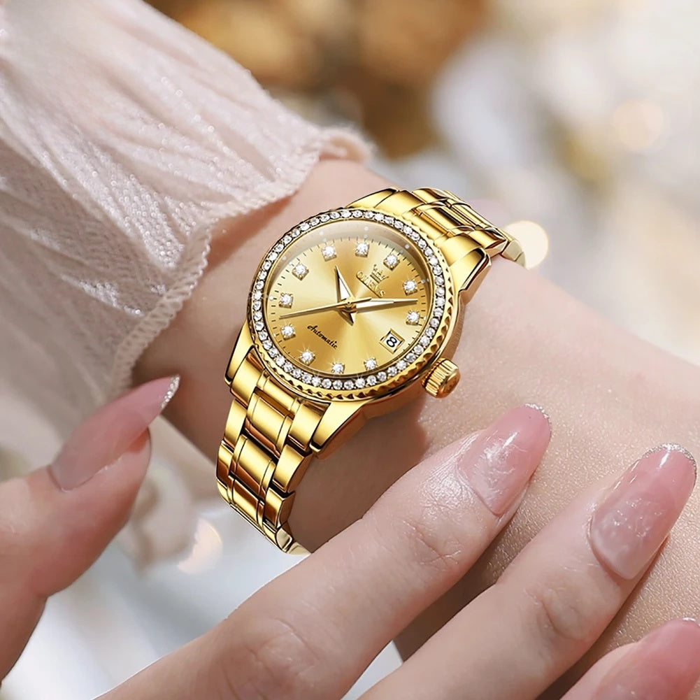 Women's Automatic Crystal Bezel Bracelet Watch — Gold-tone automatic watch worn on wrist — BandsCo Straps