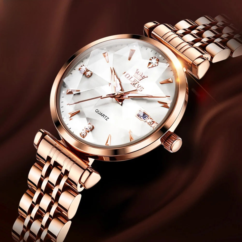 Women's Rose Gold-Tone Faceted Dial Quartz Watch — White faceted dial close-up