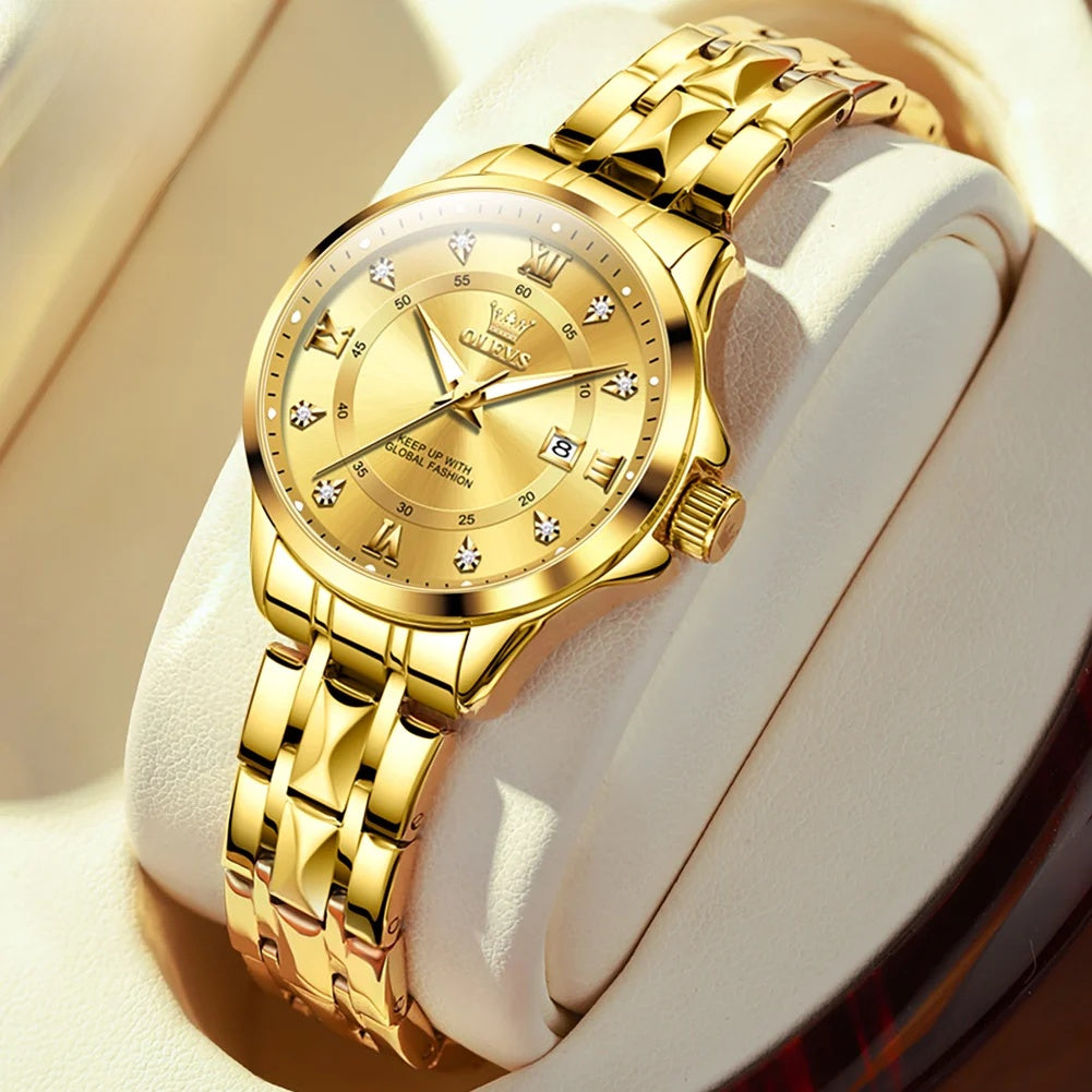 Stainless Steel Day-Date Watch - Women's, Men's & Couples — Women / Gold Tone / Gold Dial — BandsCo Straps