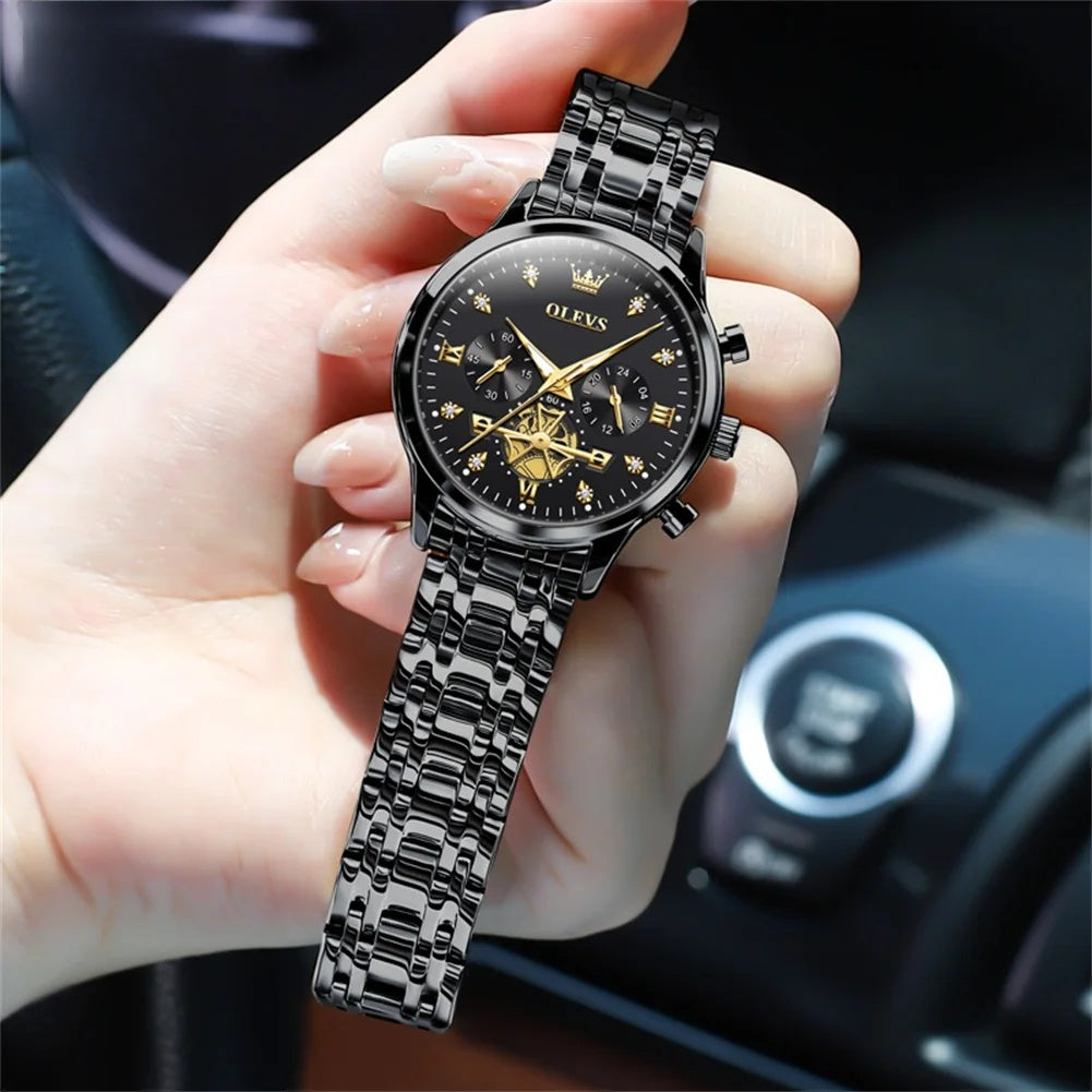 Women's Multifunction Steel Quartz Bracelet Watch — Black / Black Dial — BandsCo Straps