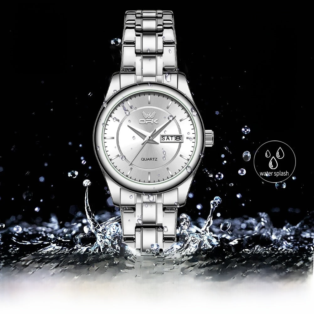 Women's Stainless Steel Day-Date Quartz Watch — Silver-tone watch with white dial — BandsCo Straps