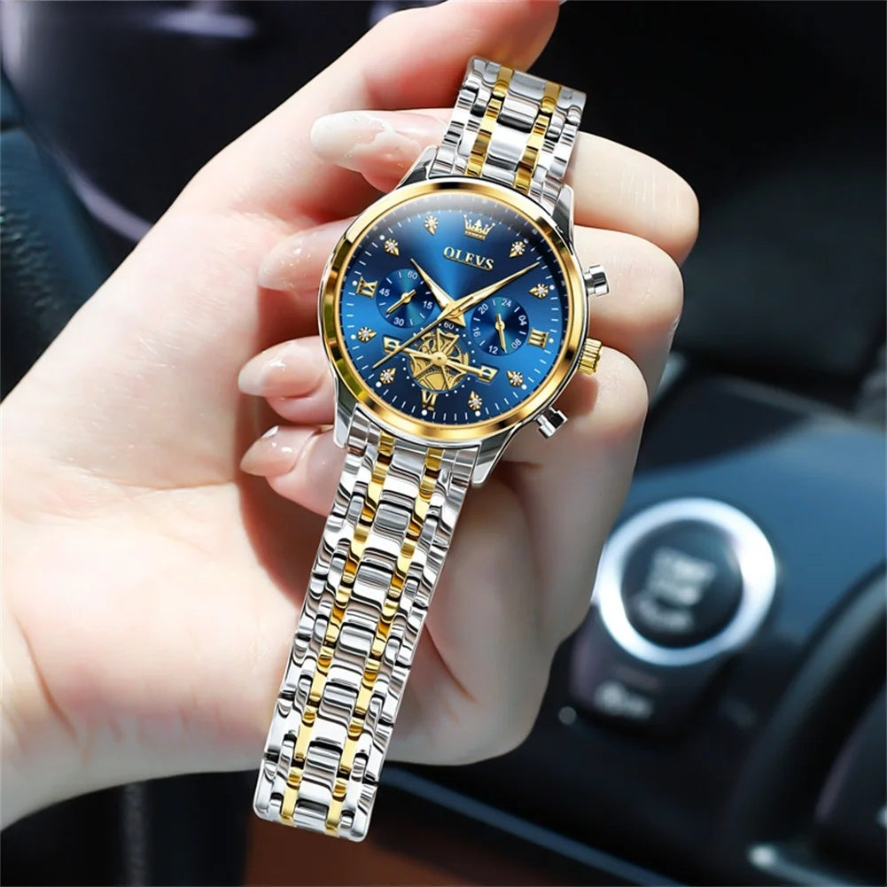 Women's Multifunction Steel Quartz Bracelet Watch — Two Tone / Blue Dial — BandsCo Straps