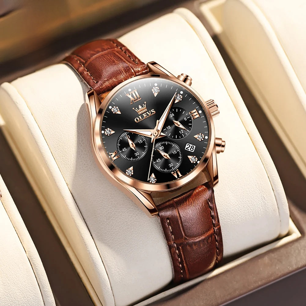 Women's Multifunction Leather Quartz Watch — Rose Gold Tone / Black Dial — BandsCo Straps