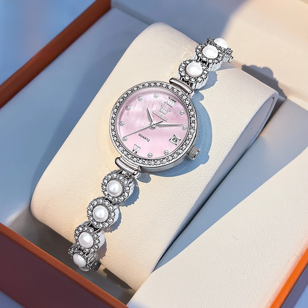 Women's Pearl-Effect Crystal Bracelet Watch — Silver Tone / Pink Dial