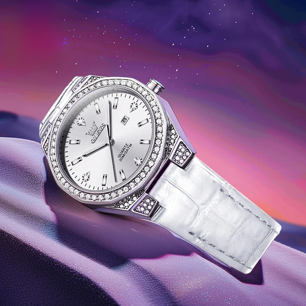 Women's Crystal Bezel Leather Date Watch — White leather watch angled view — BandsCo Straps