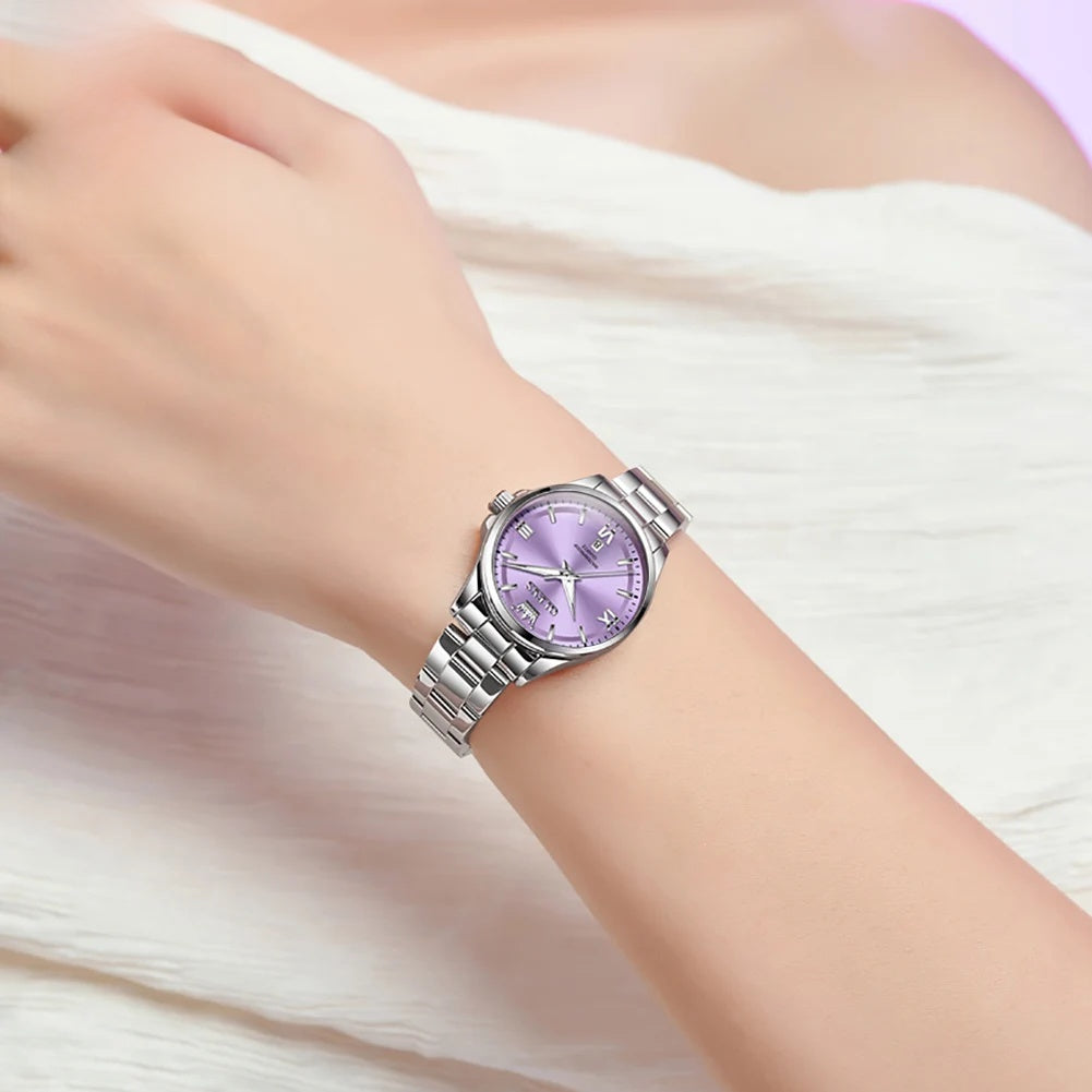 Women's Pastel Dial Stainless Steel Quartz Watch — Lavender watch worn on wrist — BandsCo Straps