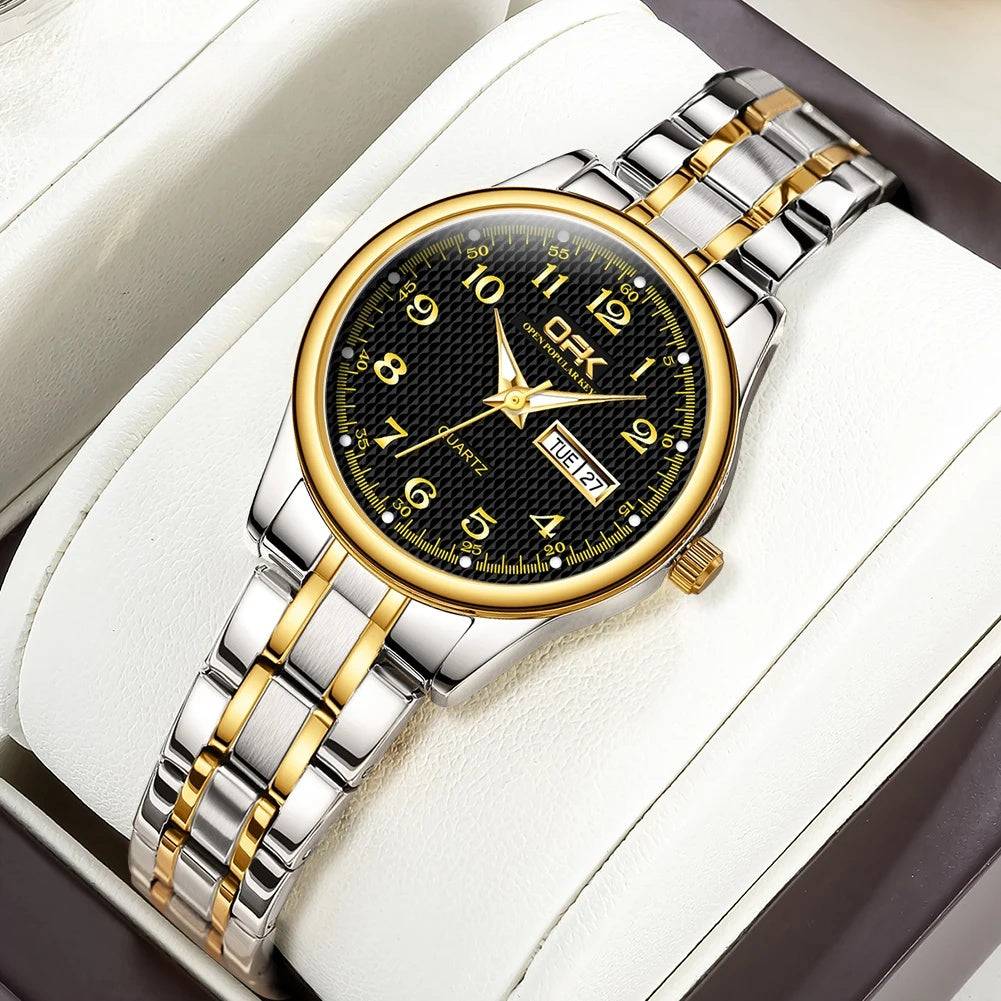 Women's Arabic Dial Steel Day-Date Watch — Two Tone / Black Dial — BandsCo Straps