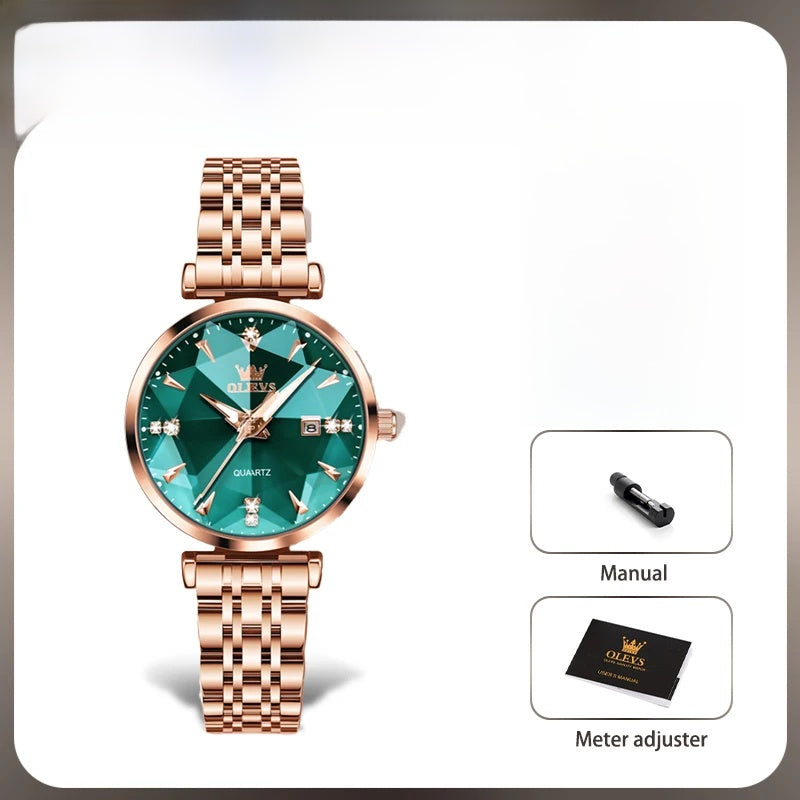 Women's Rose Gold-Tone Faceted Dial Quartz Watch — Green dial watch with supplier accessories