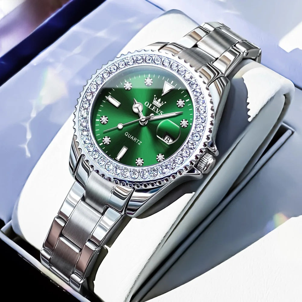 Women's Sunray Dial Crystal-Bezel Quartz Watch — Green
