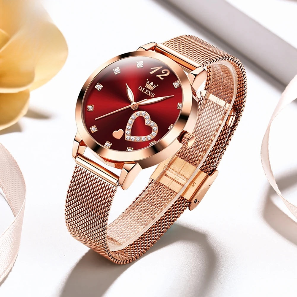 Women's Crystal Heart Mesh Quartz Watch — Red — BandsCo Straps
